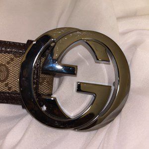GUCCI Canvas Leather & Silver Metal GG Buckle Belt  - Size: 38